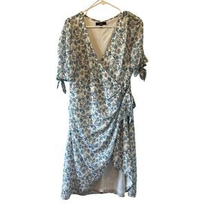 Women's Lulus Blue Pink Floral Puff Sleeve Side Rouching V-neck Dress Sz Large